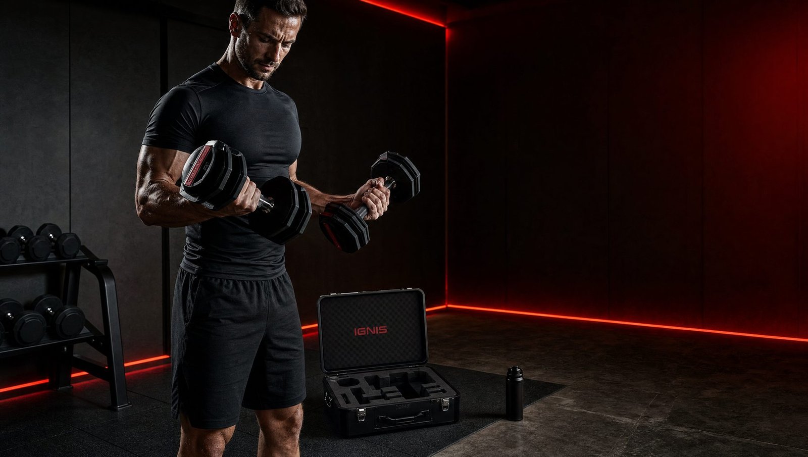Athlete training with the IGNIS adjustable dumbbell set